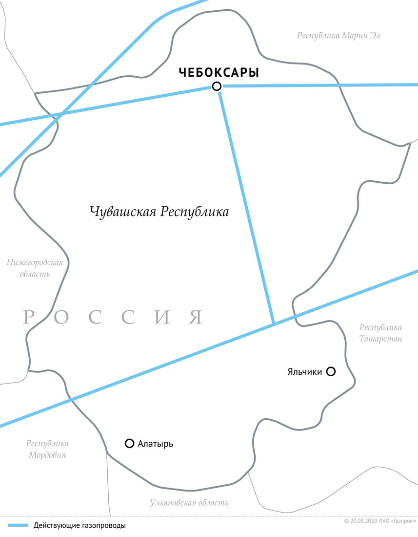 Схема магистральных газопроводов в Чувашской Республике